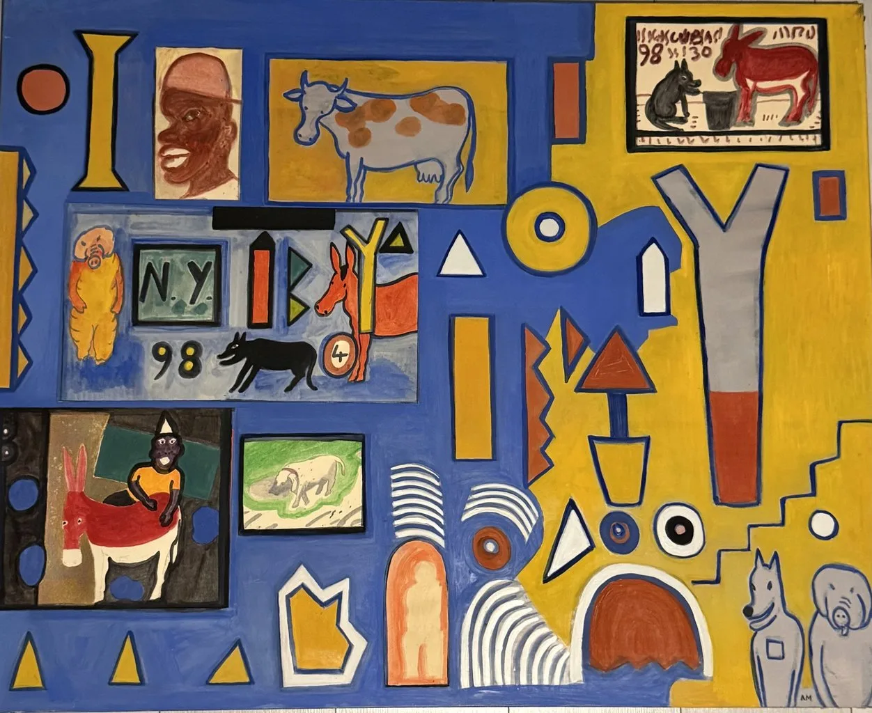 Grille de vignettes peintes sur fond bleu et jaune, portrait, vache, panneau N.Y. 98 et ânes