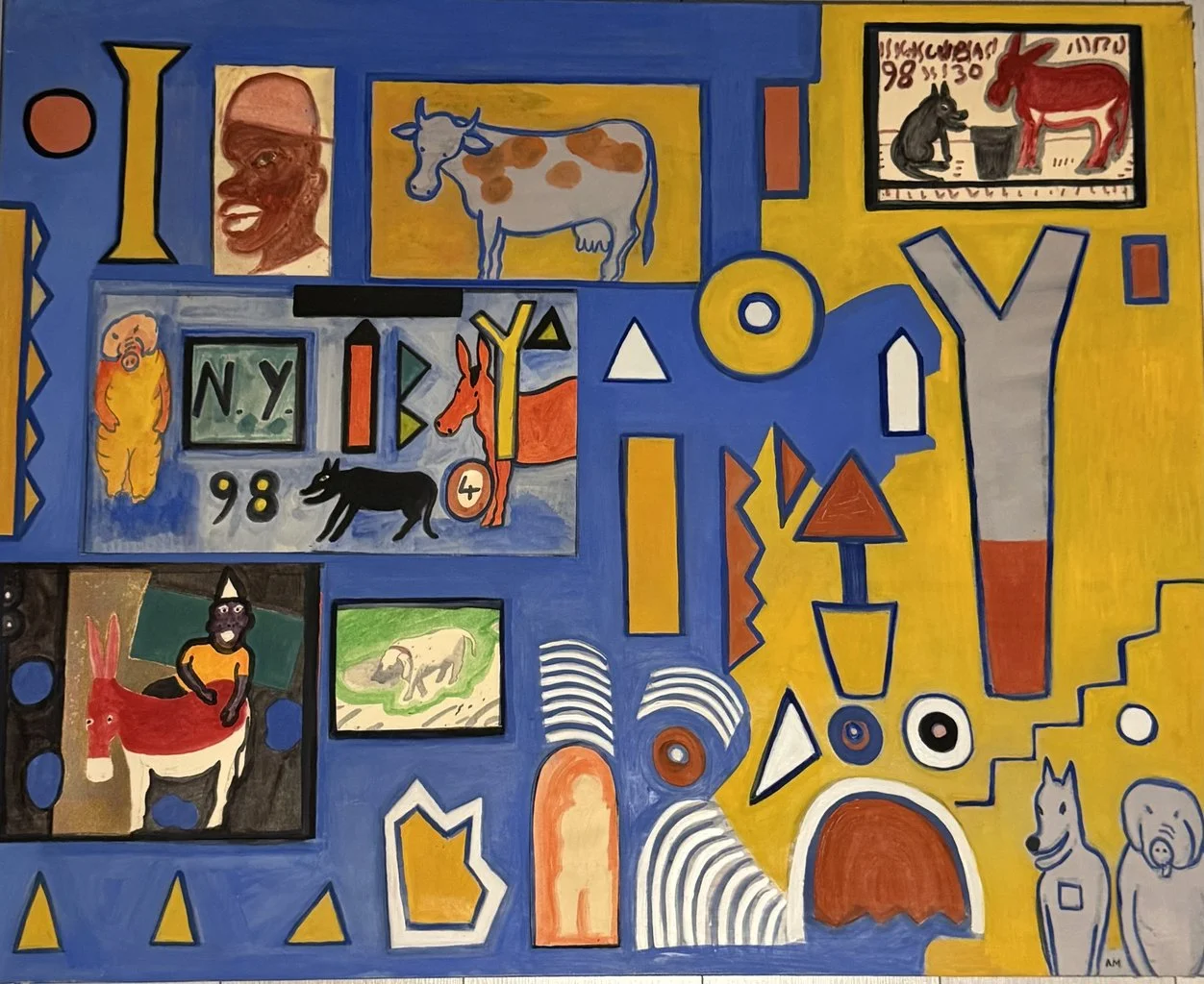 Grille de vignettes peintes sur fond bleu et jaune, portrait, vache, panneau N.Y. 98 et ânes