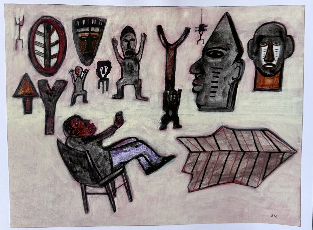 Étagère de masques et objets africains, homme assis dans un fauteuil, forme géométrique rouge