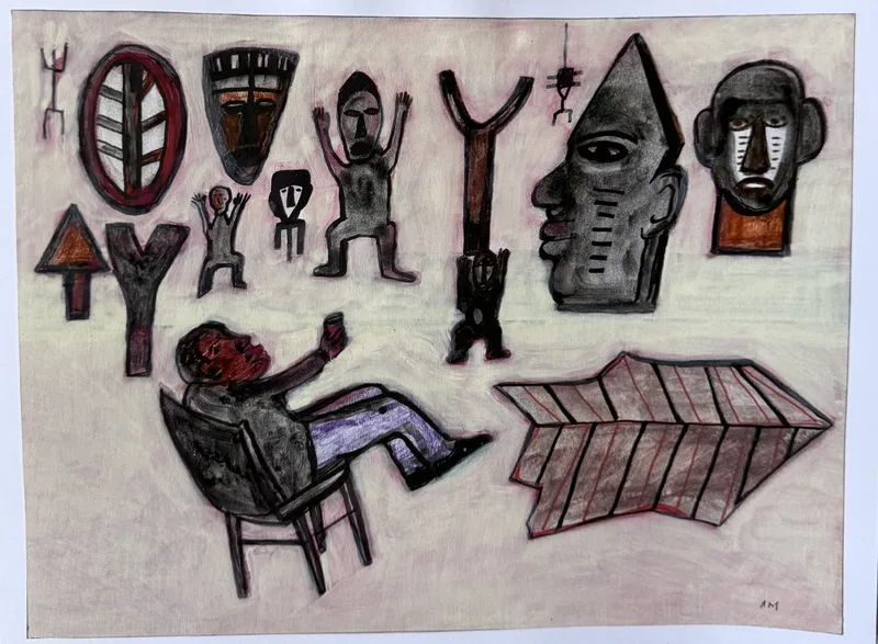 Étagère de masques et objets africains, homme assis dans un fauteuil, forme géométrique rouge