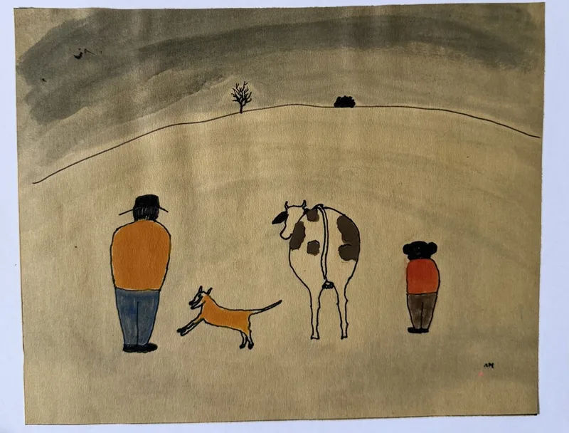Homme, chien, vache et enfant alignés de dos sur une colline sépia, oiseaux dans le ciel