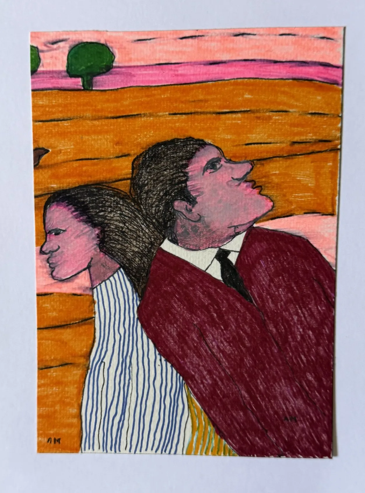 Deux profils superposés, femme aux longs cheveux et homme en veste rouge, ciel rayé rose et orange