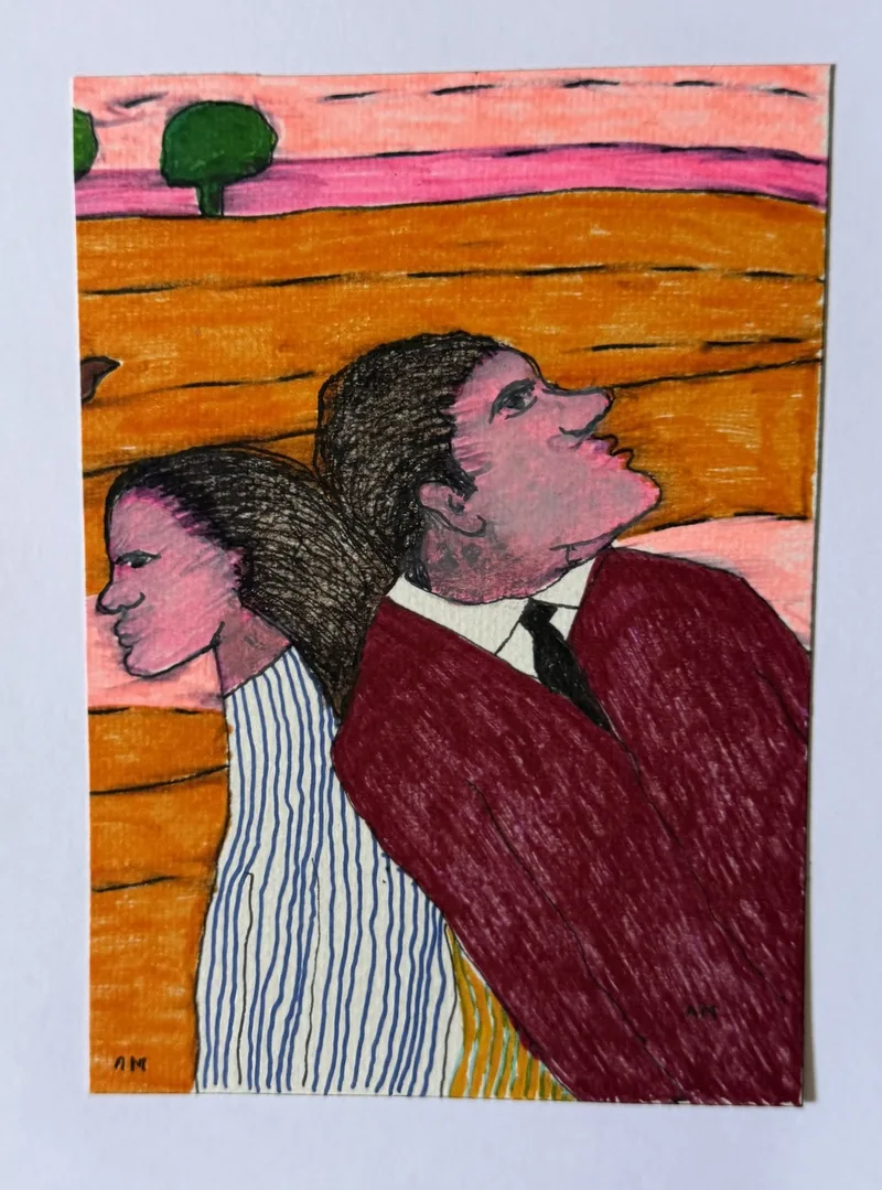 Deux profils superposés, femme aux longs cheveux et homme en veste rouge, ciel rayé rose et orange