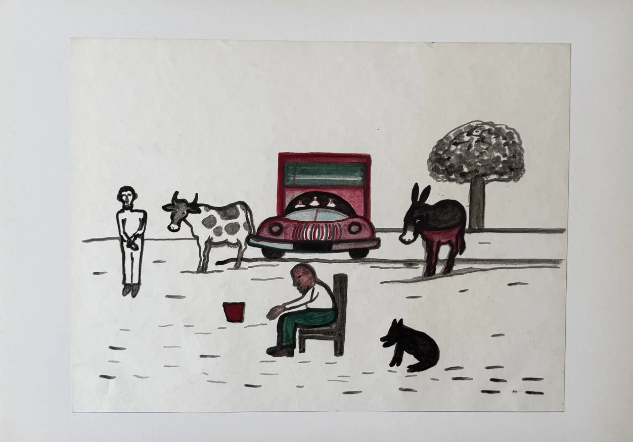 Dessin au trait, homme, vache, petite voiture rouge, âne, arbre et homme assis avec un seau