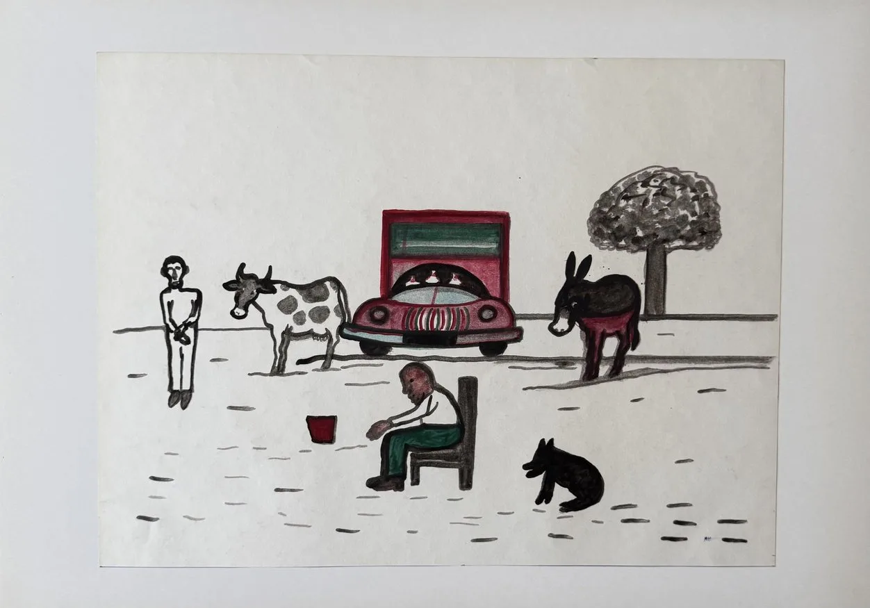 Dessin au trait, homme, vache, petite voiture rouge, âne, arbre et homme assis avec un seau