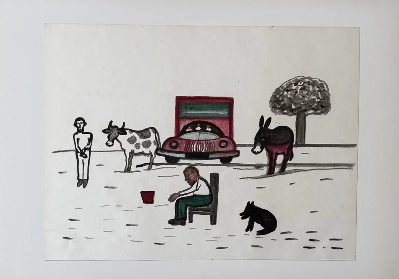 Dessin au trait, homme, vache, petite voiture rouge, âne, arbre et homme assis avec un seau
