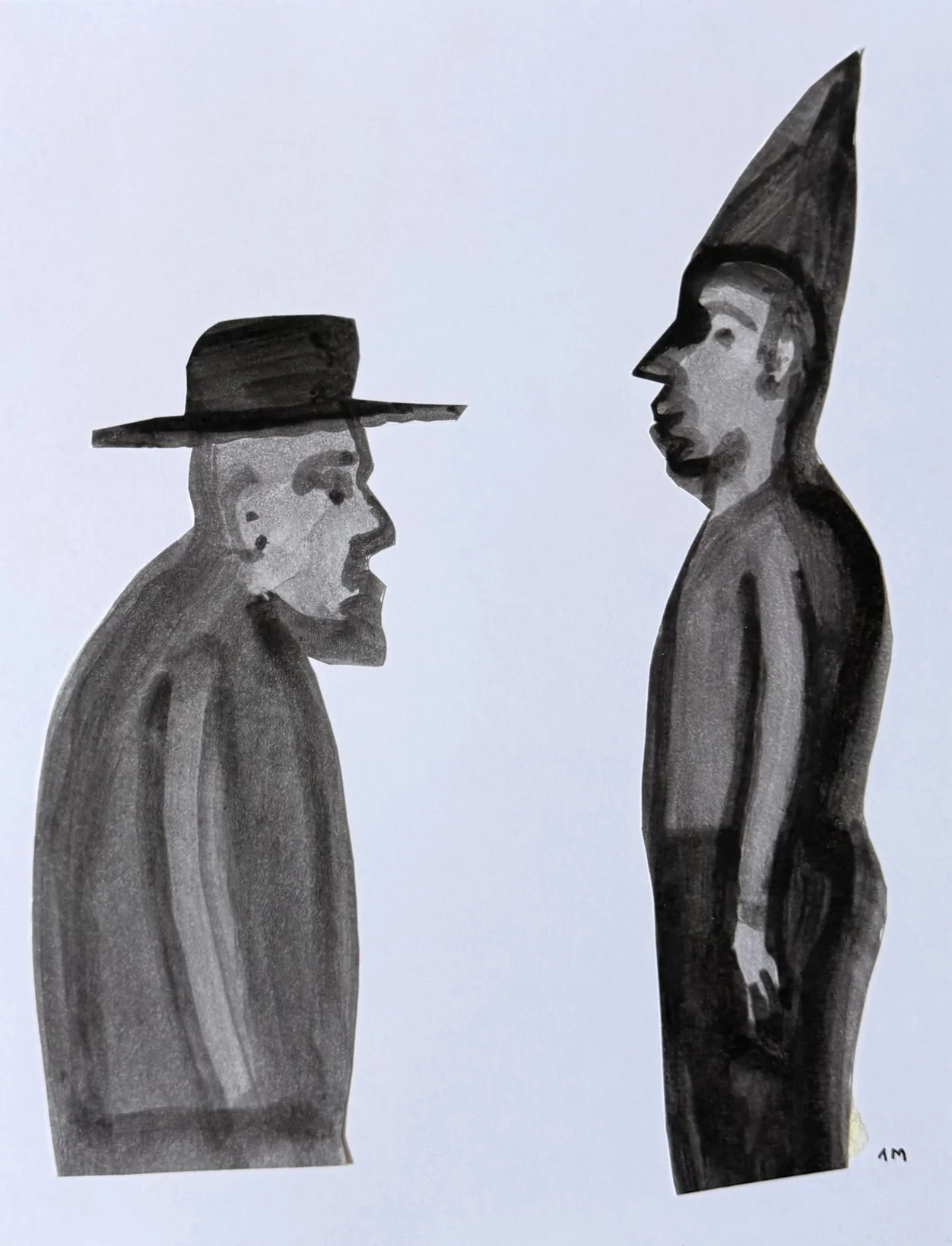 Deux hommes gris de profil face à face, l'un en chapeau à bord, l'autre en capuche pointue