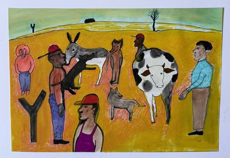 Scène de ferme animée, personnage masqué en rose, deux chiens jouant, vache tachetée, plusieurs hommes