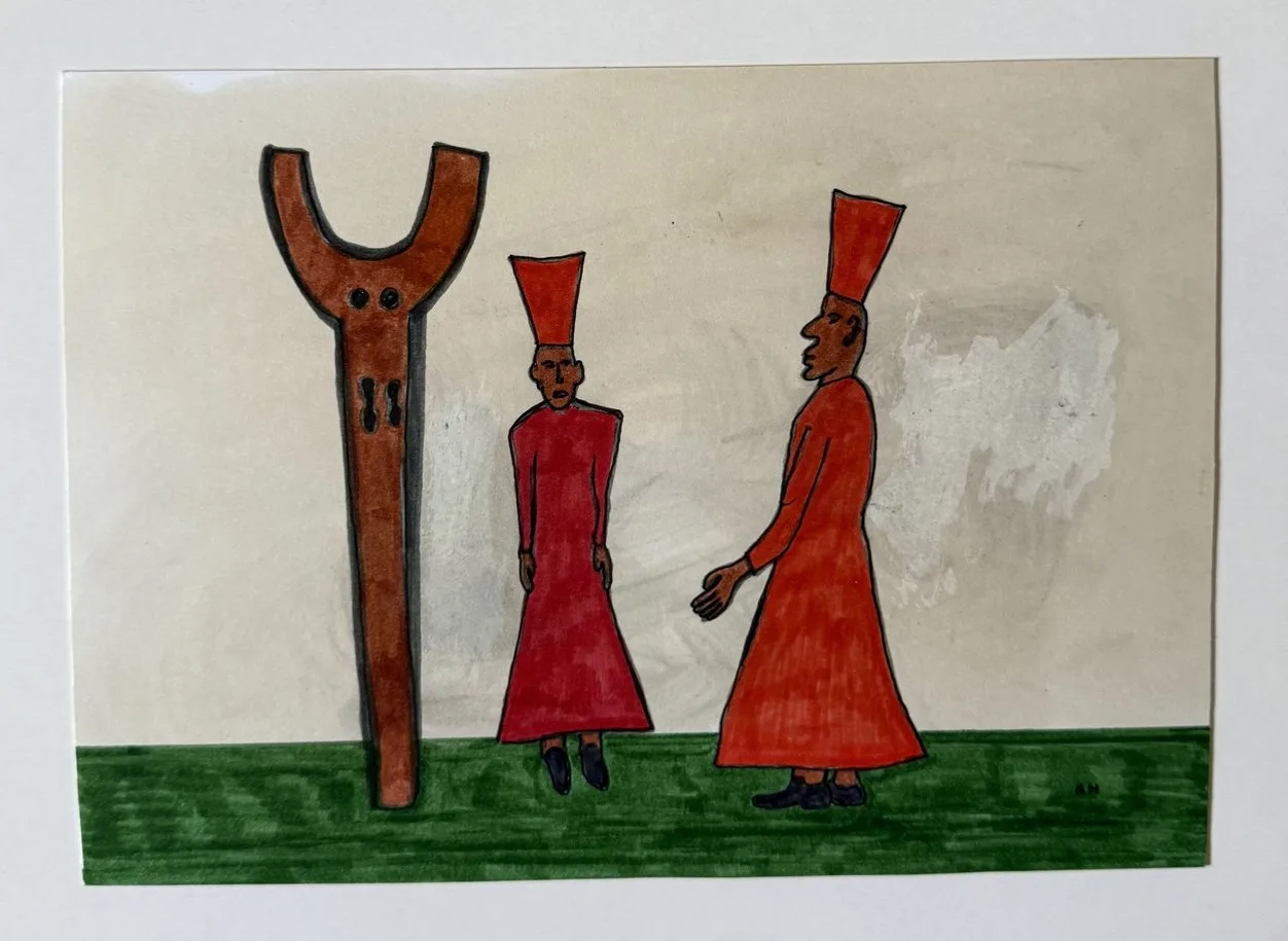 Forme en fourche à deux yeux et deux hommes vêtus de rouge se serrant la main, fond crème et vert