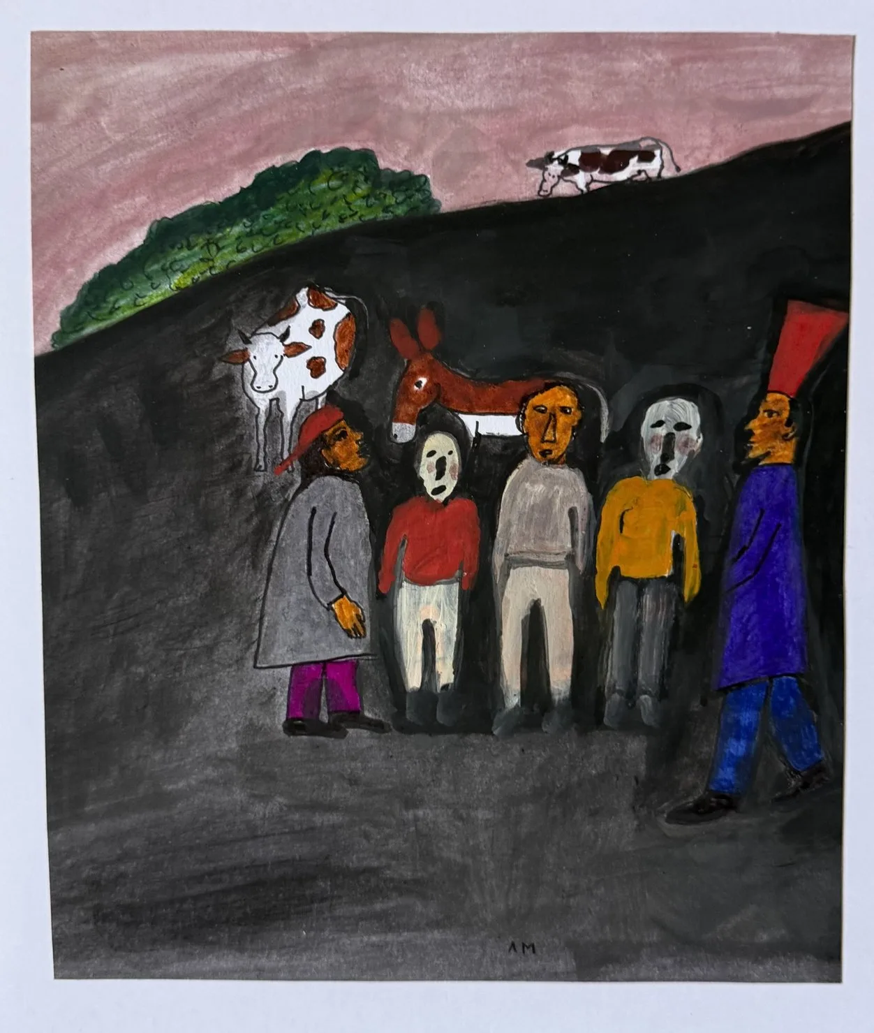 Vache et âne dans un pré sombre, quatre figures fantomatiques au masque pâle, silhouette rouge