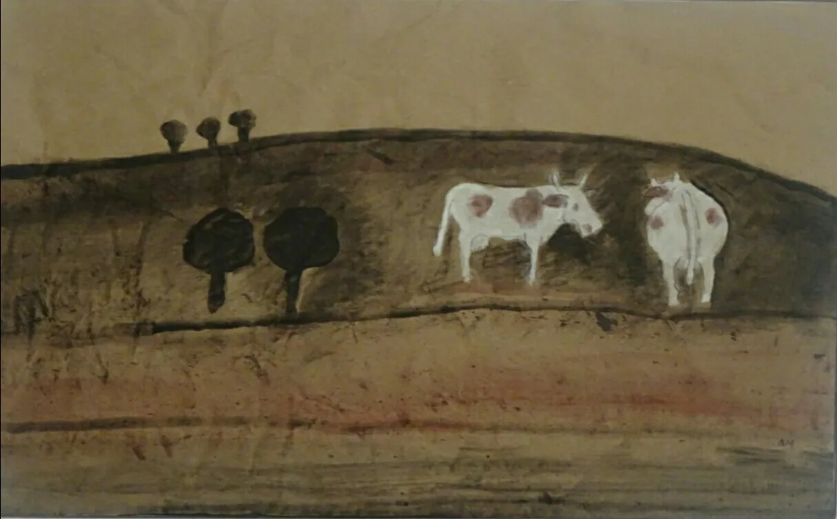 Deux vaches dessinées au feutre et rehaussées d'huiles, format horizontal
