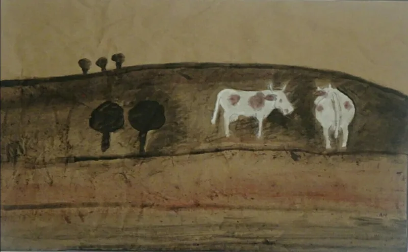 Deux vaches dessinées au feutre et rehaussées d'huiles, format horizontal