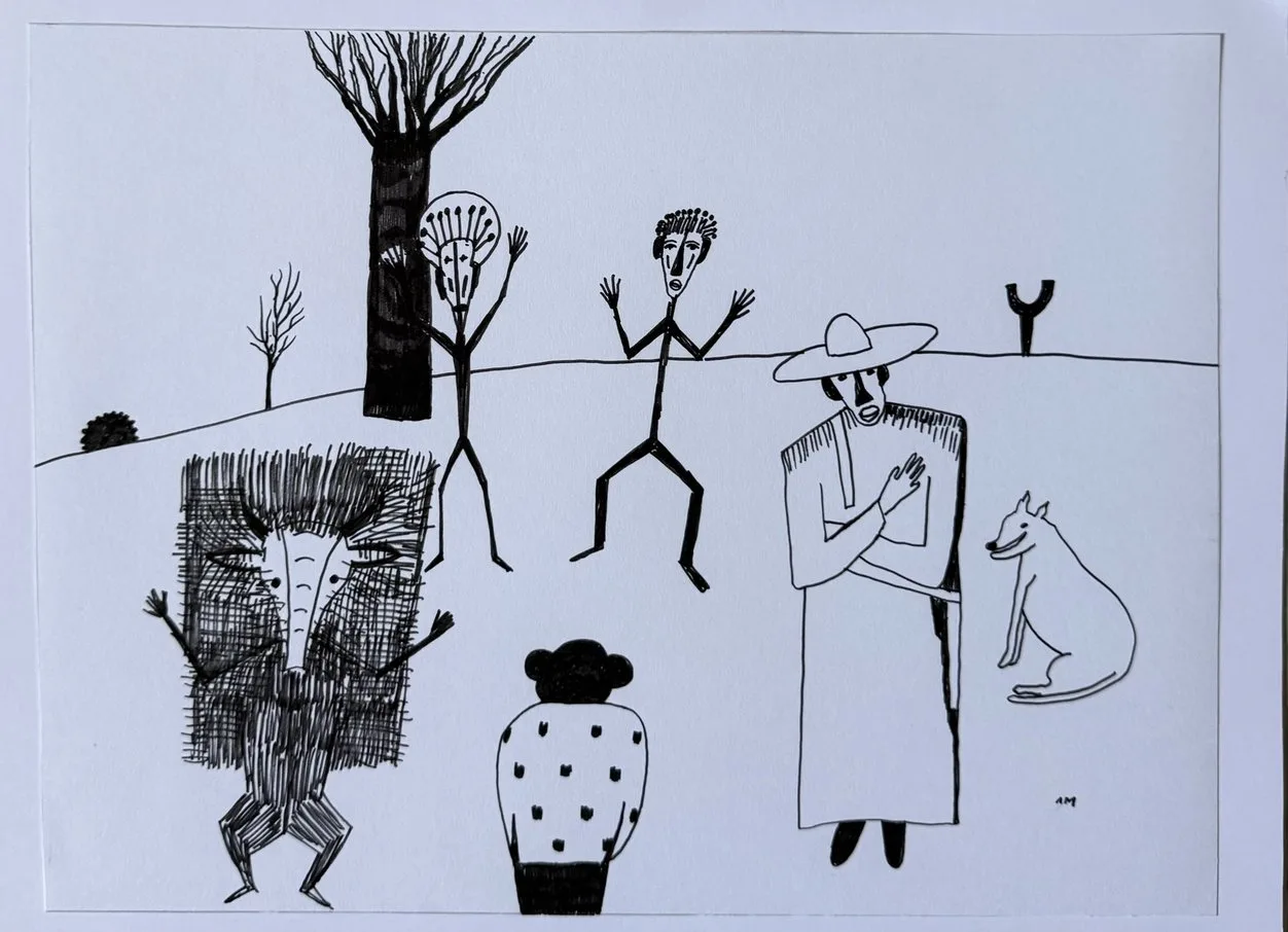 Dessin au trait noir, arbre nu, personnage courant, homme au grand chapeau et son chien, masque strié, vase à pois