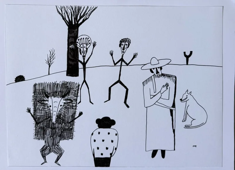 Dessin au trait noir, arbre nu, personnage courant, homme au grand chapeau et son chien, masque strié, vase à pois