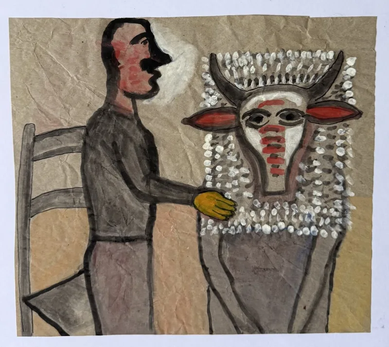 Homme serrant la main d'un masque à cornes couvert de coquillages, lune en arrière-plan