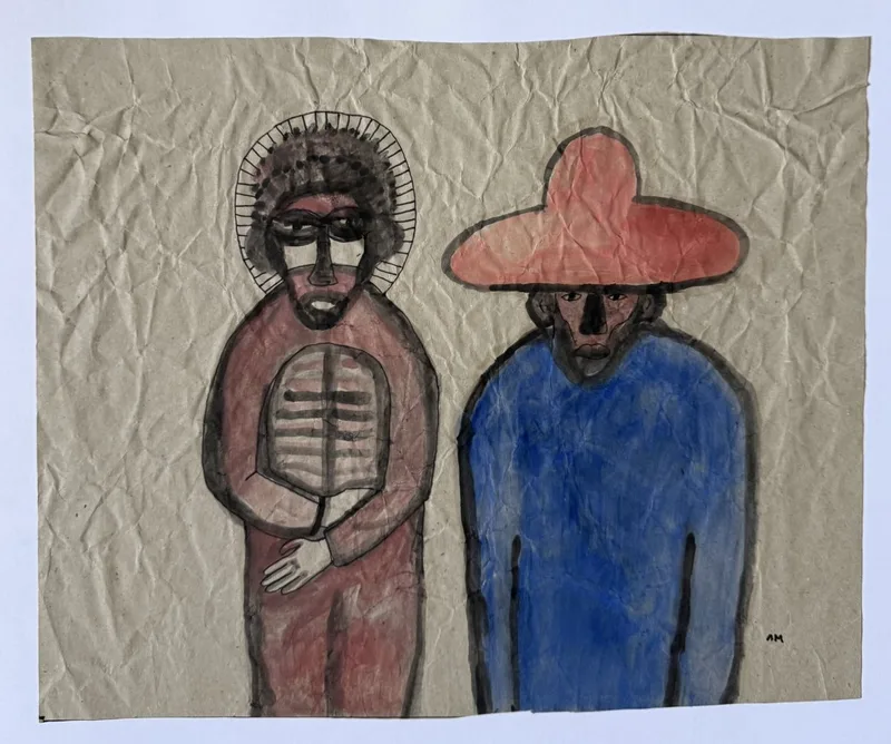 Deux figures rituelles sur papier froissé, l'une à crinière claire et lunettes, l'autre au large chapeau rouge