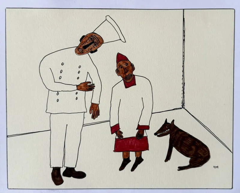 Homme en aube blanche jouant du cor et enfant en robe rouge et blanche, chien couché, pièce crème