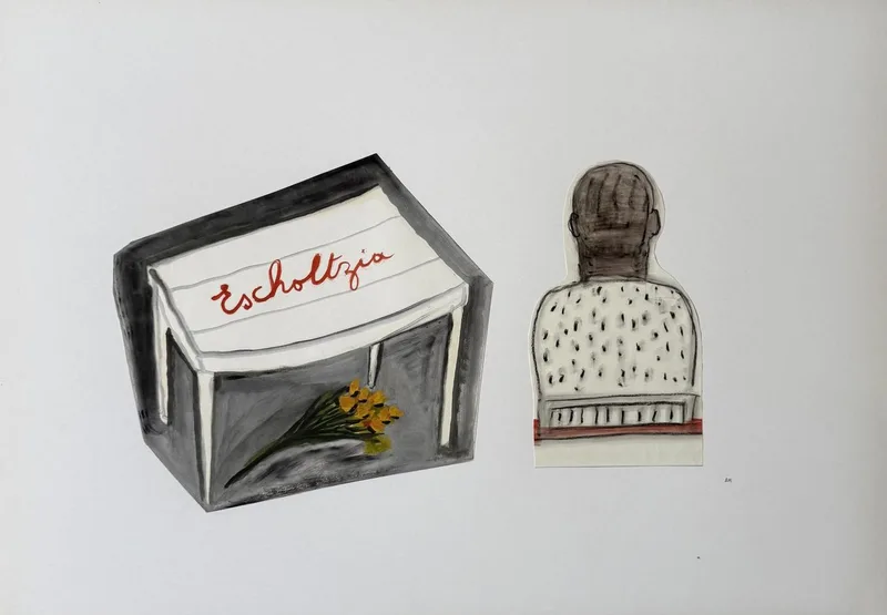 Petite échoppe à l'enseigne Escholtzia ornée de fleurs, buste décoré à motifs de points