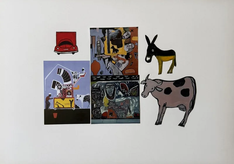Collage de vignettes : voiture rouge, scène de ferme, âne, vache tachetée