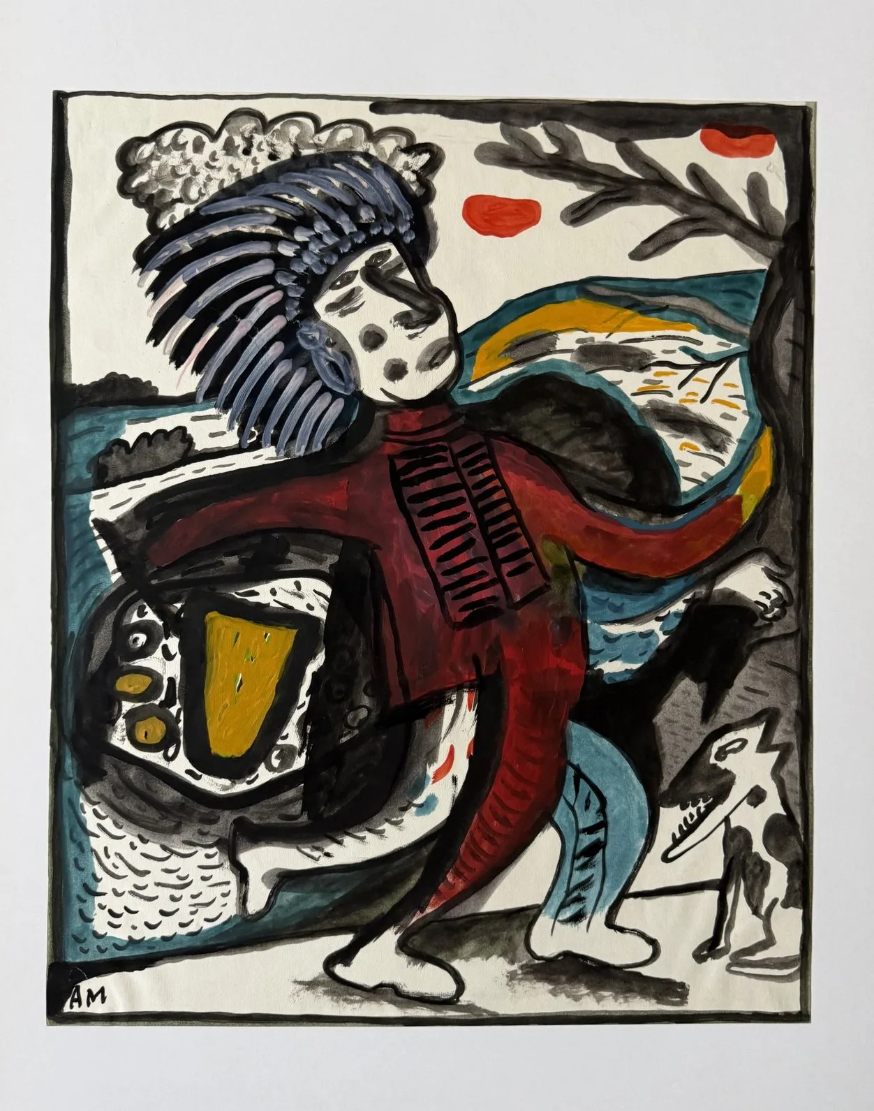 Personnage à coiffe emplumée et robe rouge, arête de poisson, formes abstraites bleues et dorées