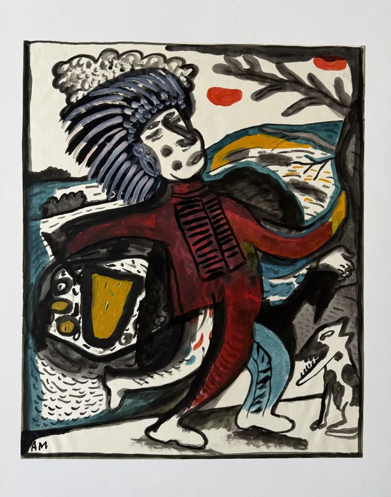 Personnage à coiffe emplumée et robe rouge, arête de poisson, formes abstraites bleues et dorées