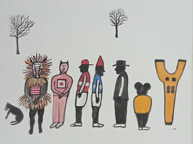 Composition de figures sur fond blanc, huiles posées en aplats francs