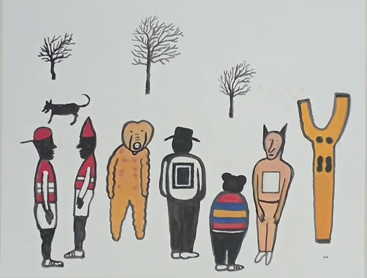 Figures peintes sur une réserve blanche, taches d'huile et signes colorés