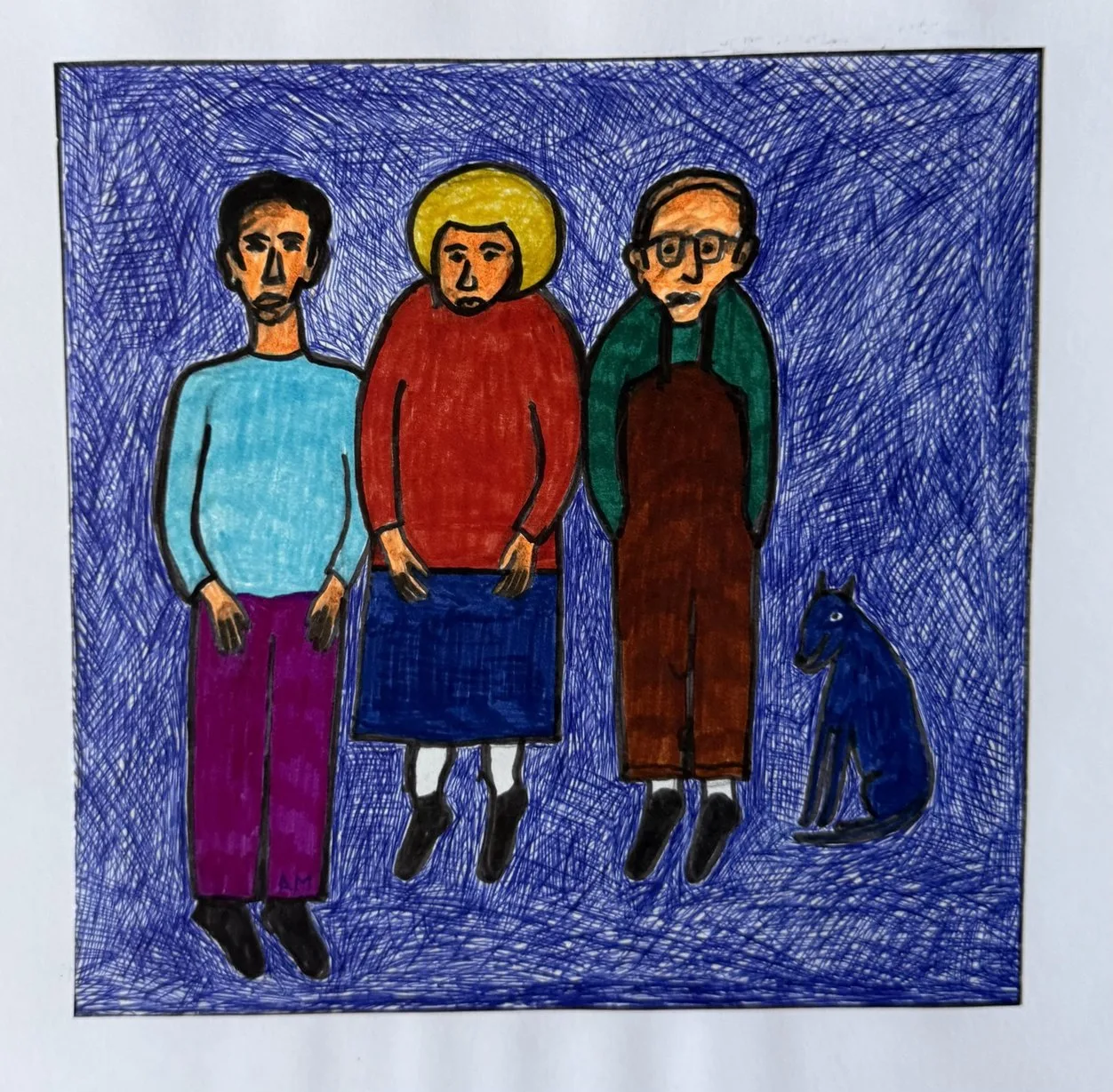 Trois personnages colorés et un chat bleu sur un fond hachuré bleu nuit