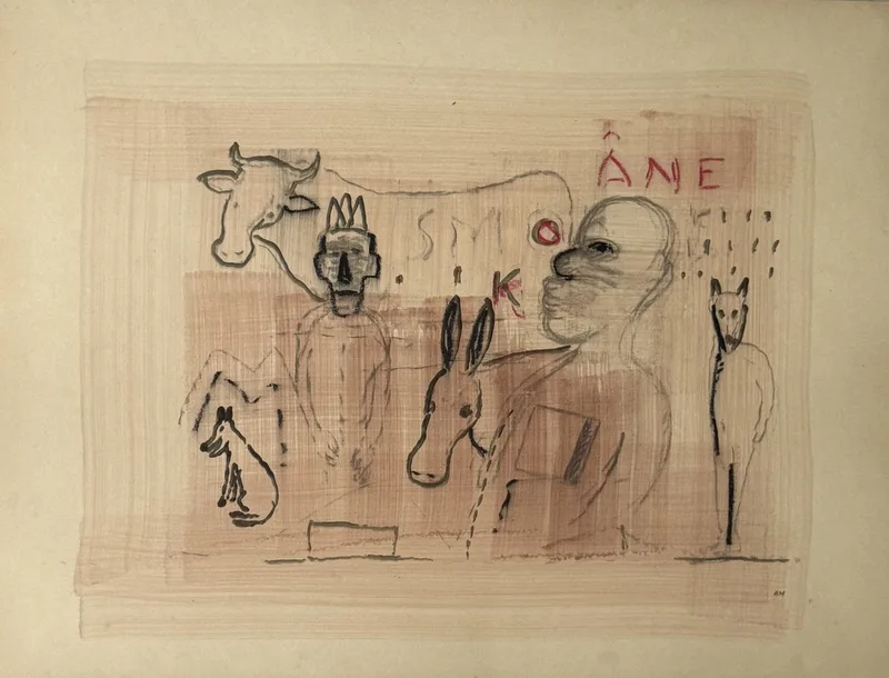 Vache, âne, chiens et visage massif entourés des mots Smoke et Âne peints en rouge