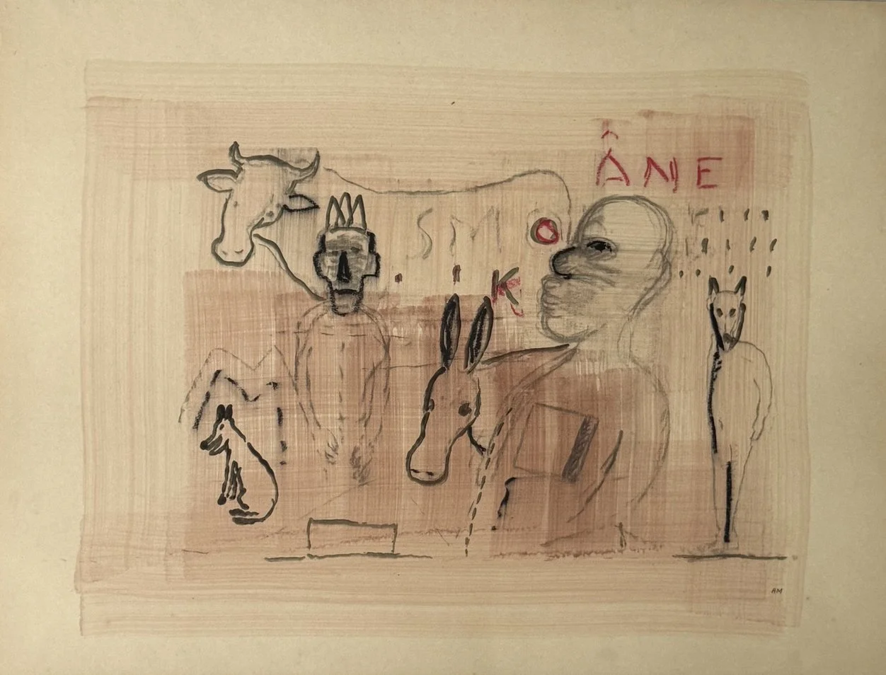 Vache, âne, chiens et visage massif entourés des mots Smoke et Âne peints en rouge