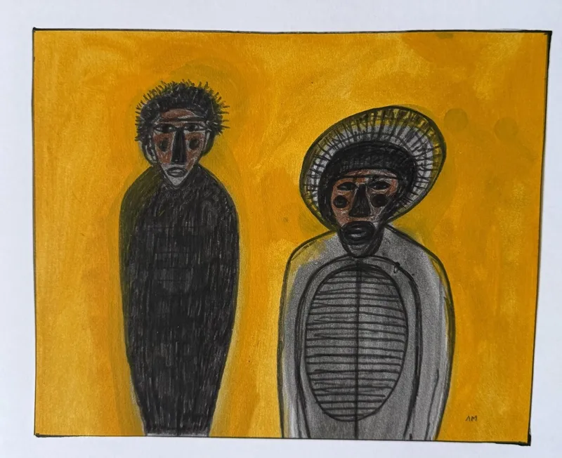 Deux silhouettes sombres, l'une à cheveux hérissés, l'autre à masque rond, sur fond jaune éclatant