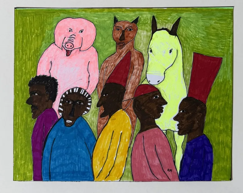Cinq personnages colorés devant un cochon rose, un chat brun et un cheval vert clair, fond vert