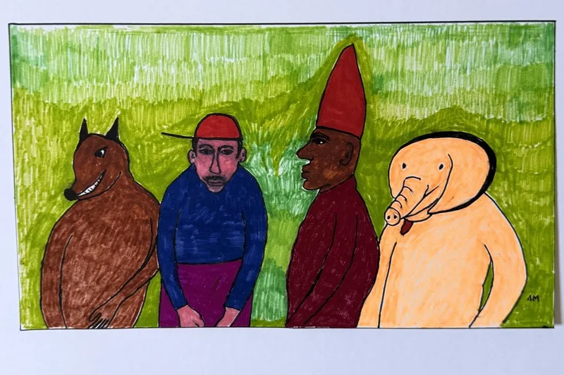 Quatre figures sur fond vert, tête de chien brune, personnage bleu, figure rouge, tête de pachyderme pâle