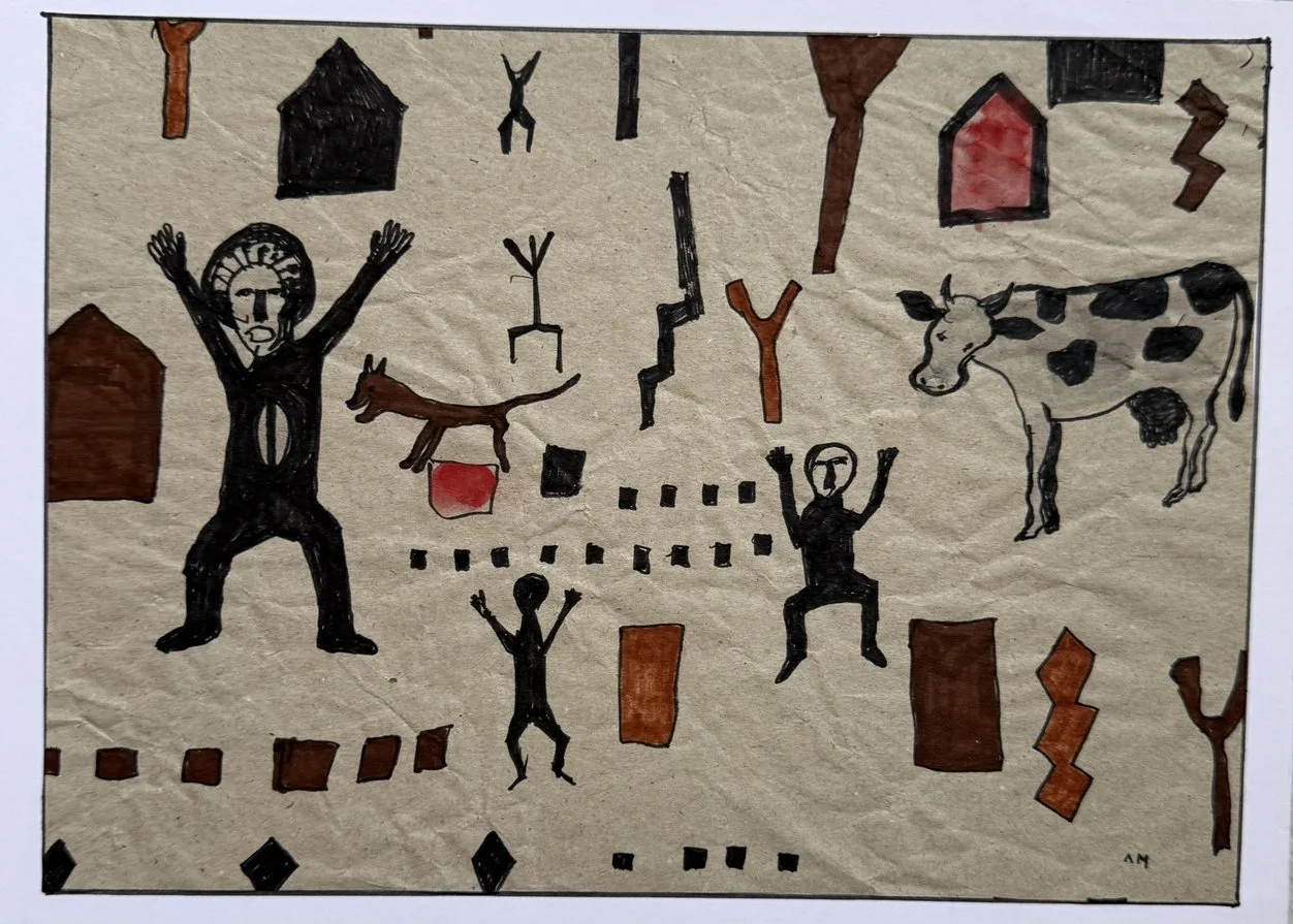 Mur de village au trait noir, figure bras levés, maisons, arbres, vache et petits danseurs
