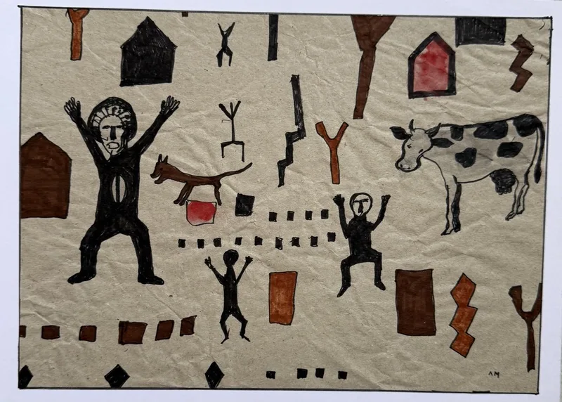 Mur de village au trait noir, figure bras levés, maisons, arbres, vache et petits danseurs