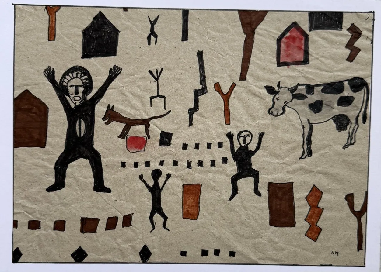 Mur de village au trait noir, figure bras levés, maisons, arbres, vache et petits danseurs
