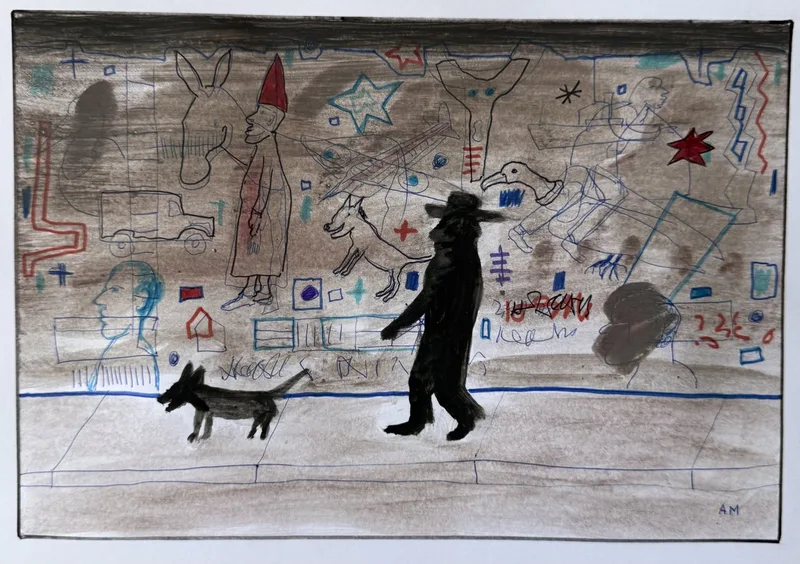 Mur couvert de petits dessins colorés, oiseau, chien, étoile rouge, silhouette promenant un chien