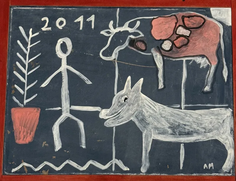 Fond gris ardoise griffé de blanc, silhouette, pot de fleur, vache et loup comme sur un tableau noir