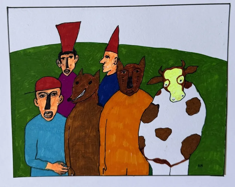Homme au bonnet rouge, cheval brun, personnage à tête de loup en robe orange, vache jaune-vert