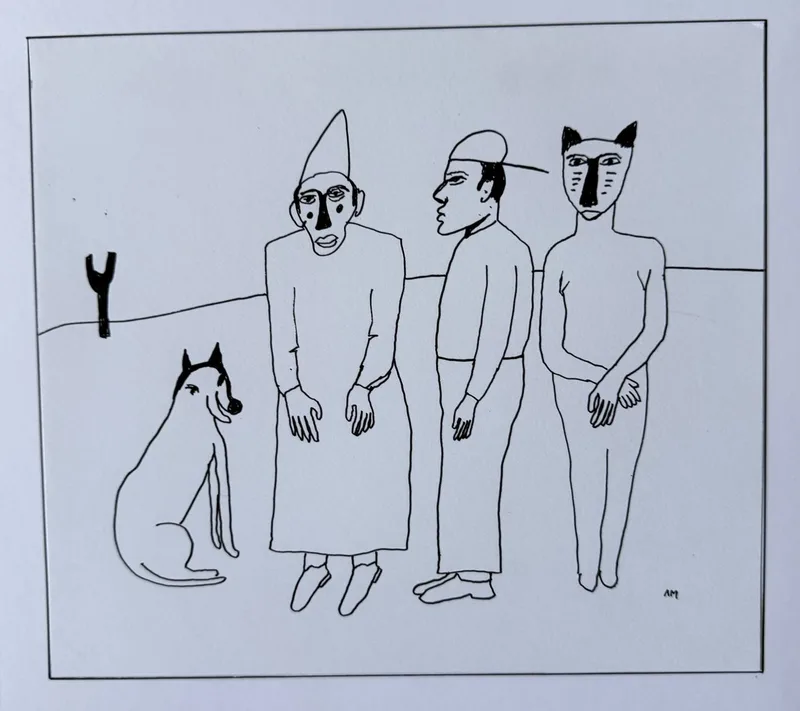 Dessin au trait noir, chien assis, capuche pointue, casquette, tête à oreilles de chat