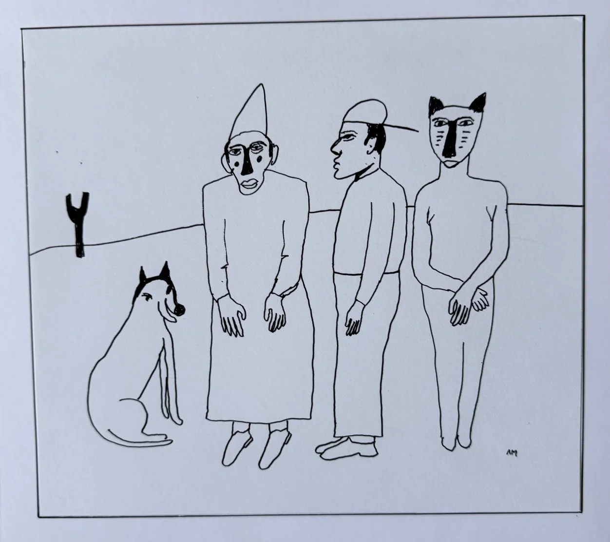 Dessin au trait noir, chien assis, capuche pointue, casquette, tête à oreilles de chat