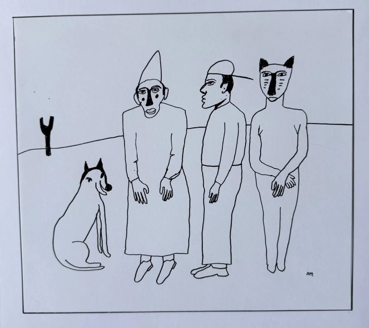 Dessin au trait noir, chien assis, capuche pointue, casquette, tête à oreilles de chat