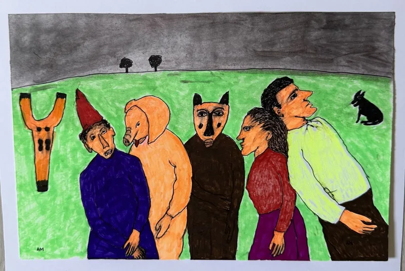 Six figures colorées sur fond vert, forme en fourche orange, capuche rouge, masque à bec, femme rousse