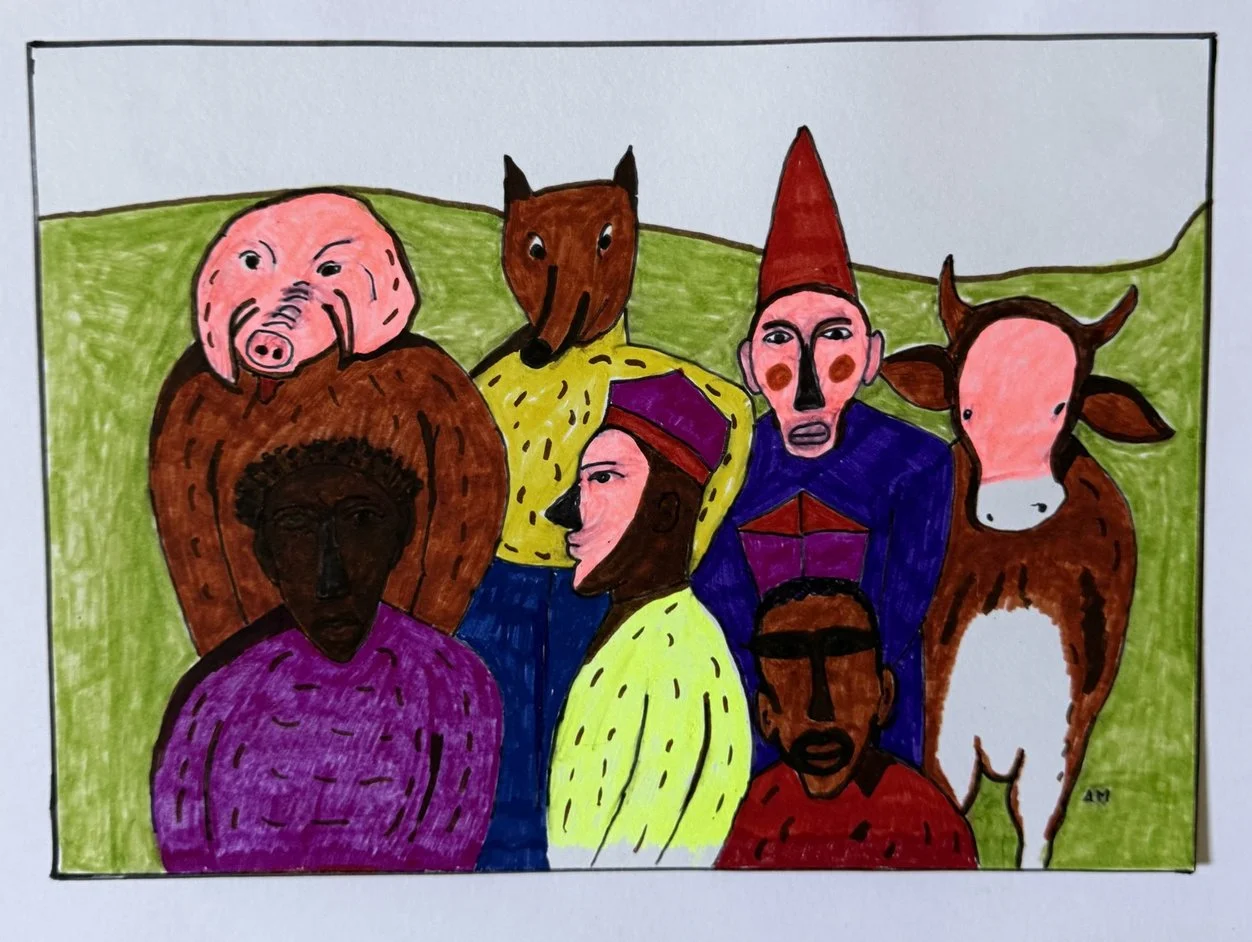 Groupe serré de personnages colorés, masque de cochon rose, tête de loup brune, vache rose au centre
