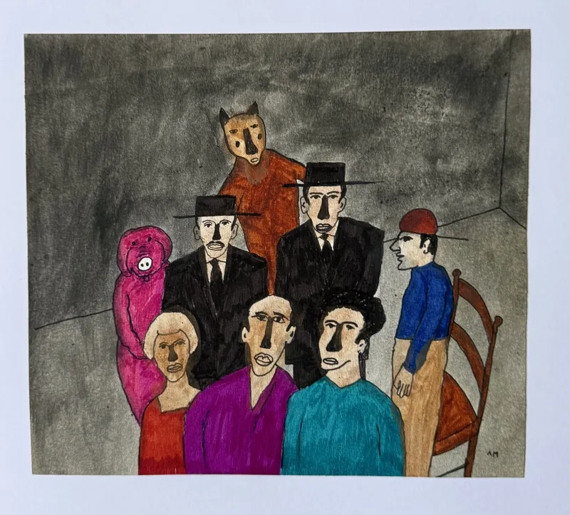 Photo de groupe simulée avec figure à masque de vache et personnage rose, personnages en costume sombre
