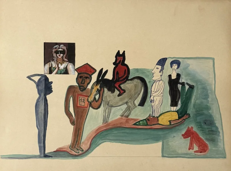 Figure bleue, cavalier au bonnet rouge sur un âne, couple raide, chien rouge