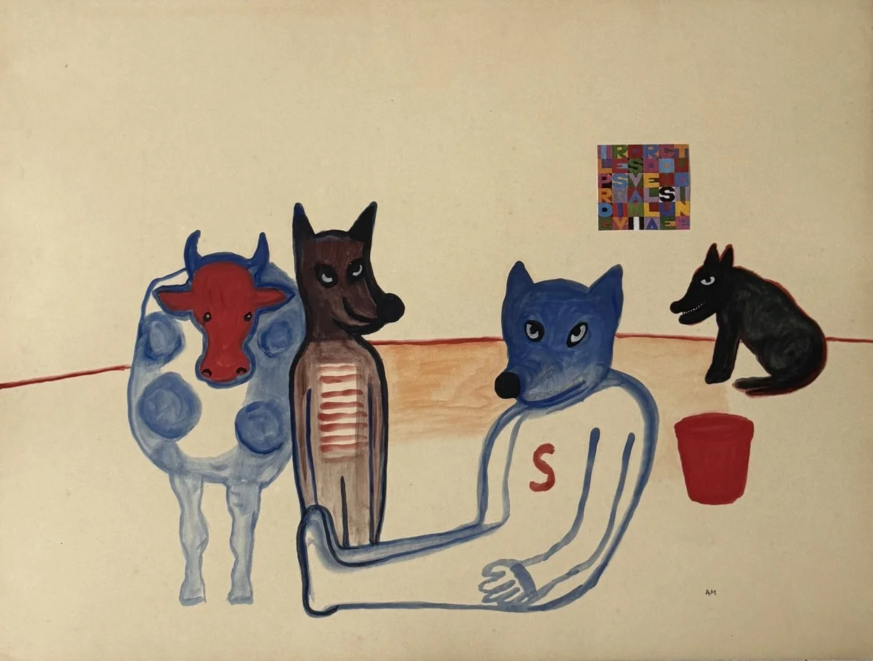 Vache tachetée, loup au contour bleu marqué d'un S, chien noir, petit collage coloré