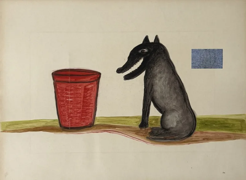 Seau rouge, loup gris assis, carré bleu suspendu dans un espace vide
