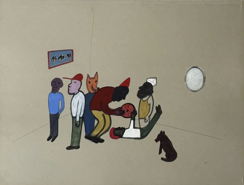 Figure à tête de renard jaune portant un personnage rouge, petit miroir rond au mur