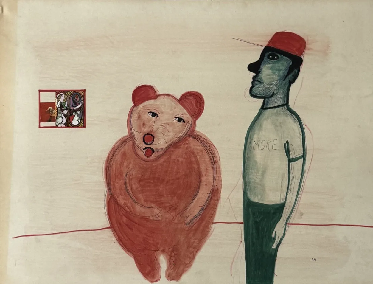 Ours en peluche et homme au fez rouge côte à côte, petit collage coloré